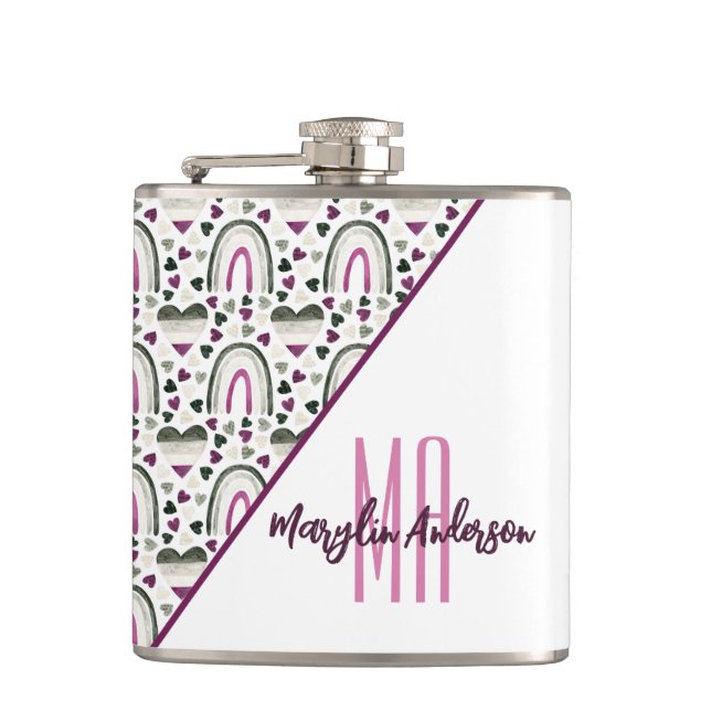 ASEXUAL HEARTS & RAINBWS CUSTOM MONOGRAM HIP FLASK (Front)