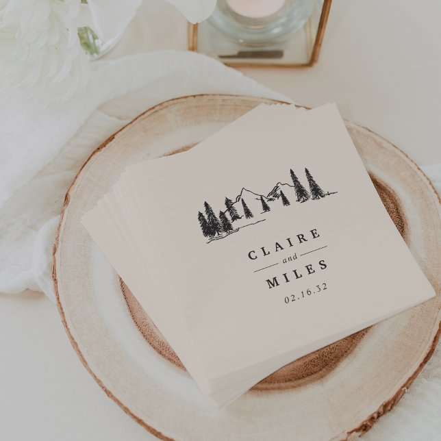 Ash Black | Mountain Sketch Personalised Wedding Napkin (Creator Uploaded)