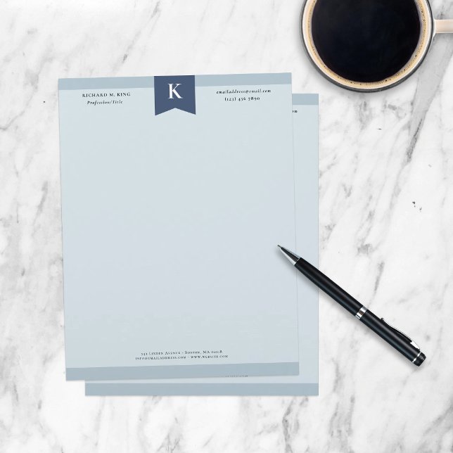 Ash Blue Elegant Bold Monogram Contact Info Custom Letterhead (Creator Uploaded)