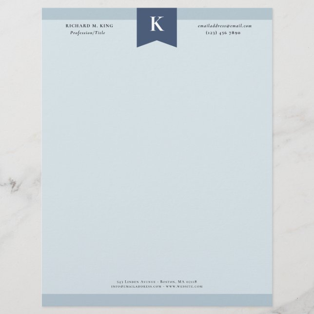 Ash Blue Elegant Bold Monogram Contact Info Custom Letterhead (Front)