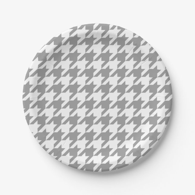 Ash Grey and White Houndstooth Check Paper Plate (Front)