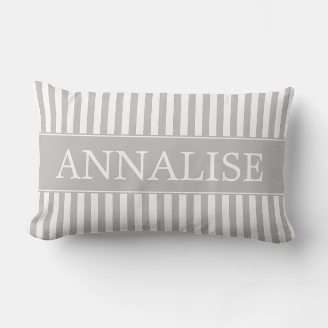 Ash Grey and White Stripes Personalised Lumbar Cushion (Front)