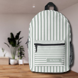 Ash Grey and White Vintage Striped Name Printed Backpack