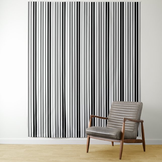Ash Grey Black White Stripes Pattern   Tapestry (In Situ)
