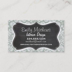 Ash Grey; Grey Damask Pattern; Chalkboard look Business Card