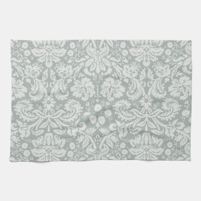 Ash Grey; Grey Damask Pattern Tea Towel (Horizontal)