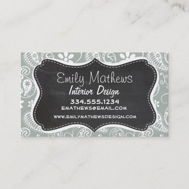 Ash Grey; Grey Paisley; Retro Chalkboard look Business Card (Front)