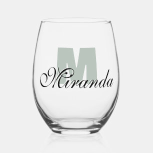 Ash Grey Initial and Black Name   Modern  Stemless Wine Glass