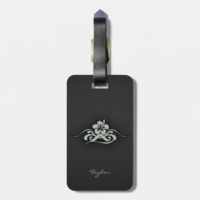 Ash Grey Tropical Hibiscus Luggage Tag (Back Vertical)