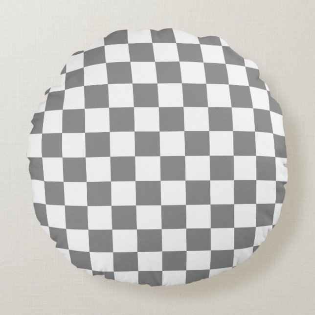Ash Grey White Chequered Check Pattern Round Cushion (Front)