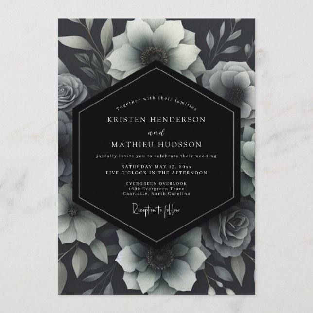 Ash Monochrome Floral Wedding Invitation (Front)