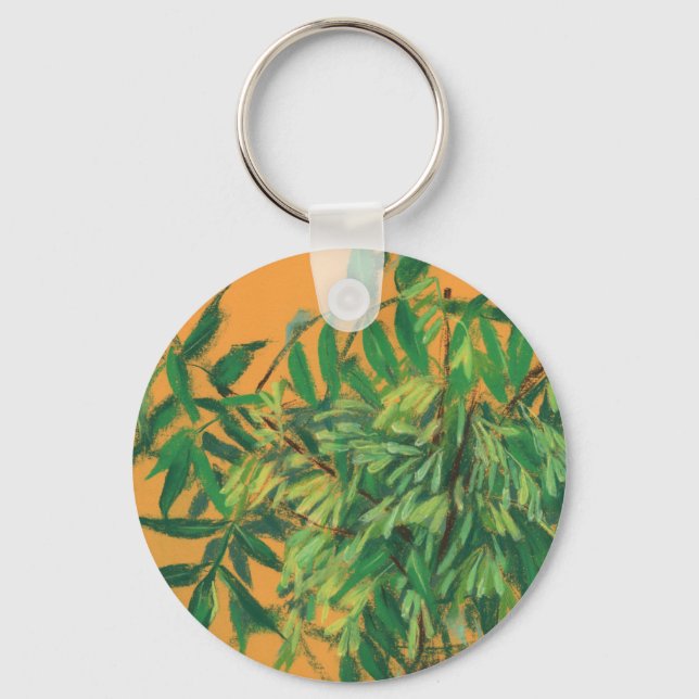 Ash-Tree, Green Leaves Floral Art Painting Yellow Key Ring (Front)
