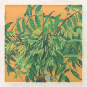 Ash-tree, green yellow summer greenery floral art glass coaster