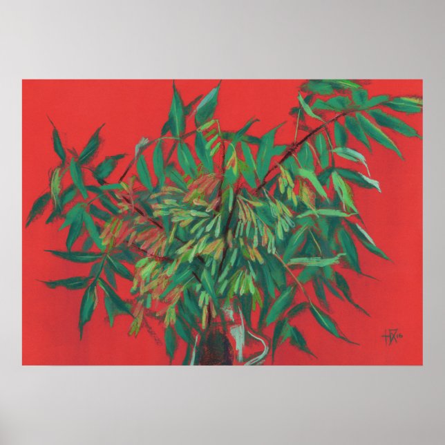 Ash-Tree,  Summer Leaves Floral Art, Red Green Poster (Front)