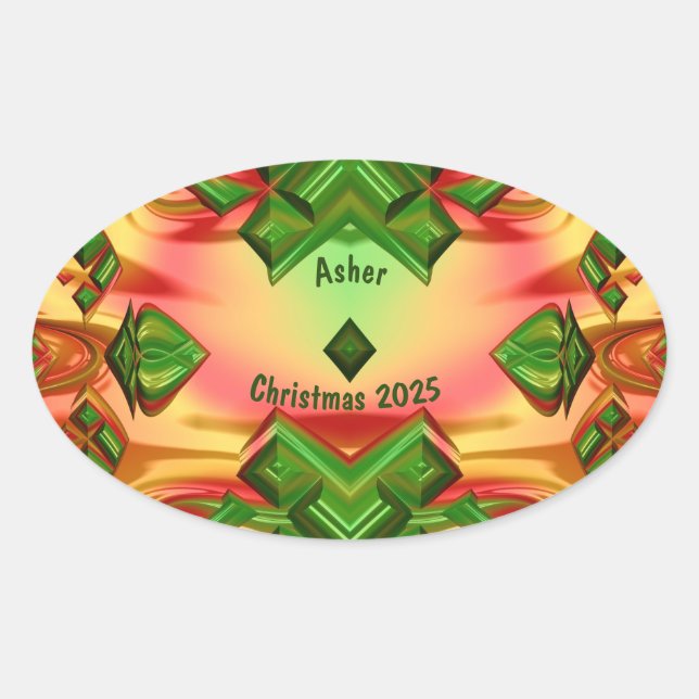 ASHER ~ CHRISTMAS 2025 Green Red Yellow Fractal ~ Oval Sticker (Front)