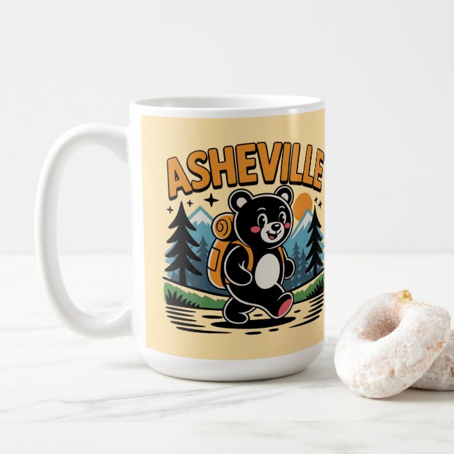 Asheville Black Bear Hiking Cartoon Coffee Mug (With Donut)