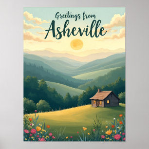 Asheville Blue Ridge Mountains vintage Postcard Poster