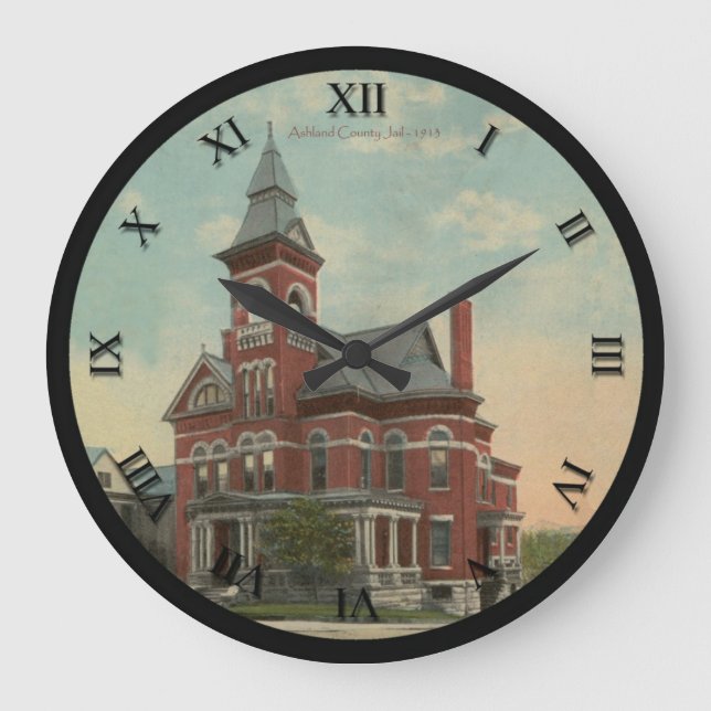Ashland Ohio Postcard Clock of Jail (Front)