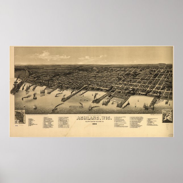 Ashland Wisconsin 1886 Antique Panoramic Map Poster (Front)