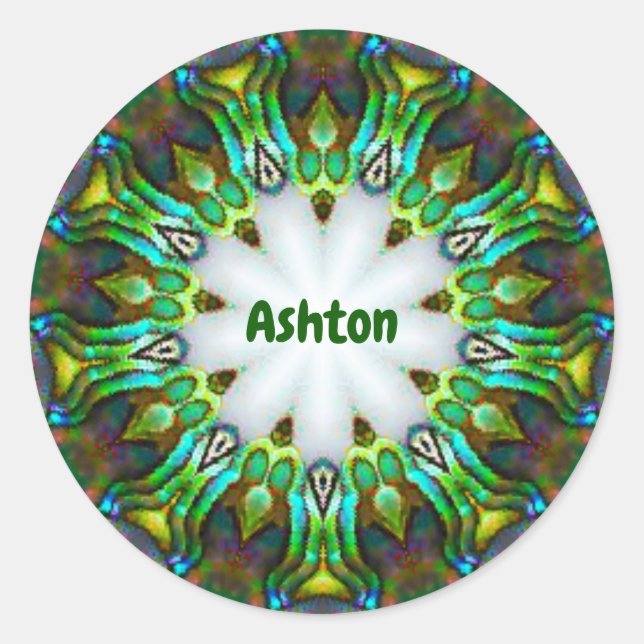 ASHTON ~ Personalized Paua Shell Fractal ~ Classic Round Sticker (Front)
