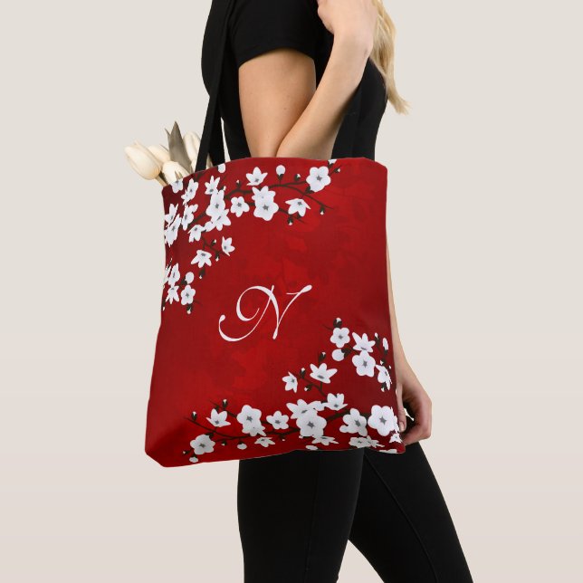 Asia Floral Red White Cherry Blossom Monogram Tote Bag (Close Up)