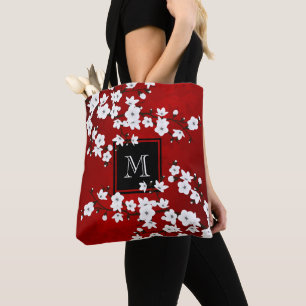 Asia Floral Red White Cherry Blossom Monogram Tote Bag