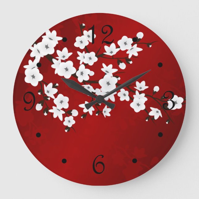 Asia Floral Red White Cherry Blossom Oriental Large Clock (Front)