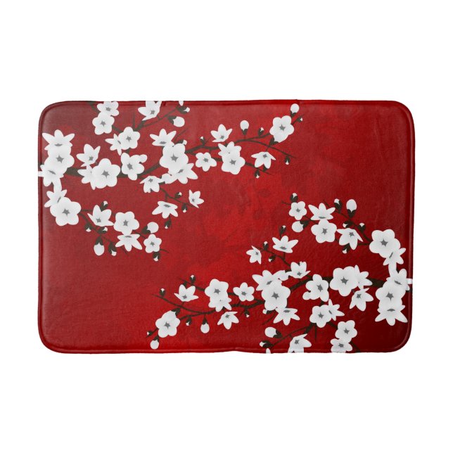 Asia Floral White Cherry Blossom Red Bath Mat (Front)
