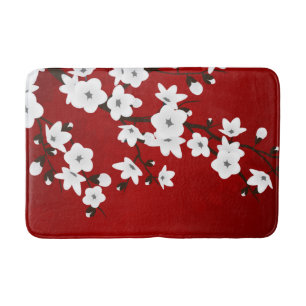 Asia Floral White Cherry Blossom Red Bath Mat