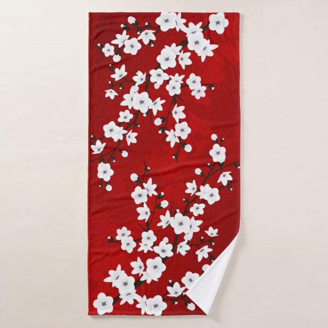 Asia Floral White Cherry Blossom Red Bath Towel (Bath Towel)
