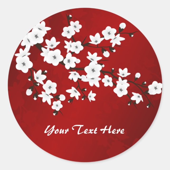 Asia Floral White Cherry Blossom Red Classic Round Sticker (Front)