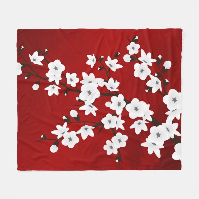Asia Floral White Cherry Blossom Red Fleece Blanket (Front (Horizontal))