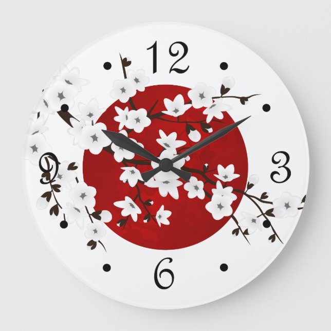 Asia Floral White Cherry Blossom Red Large Clock (Front)