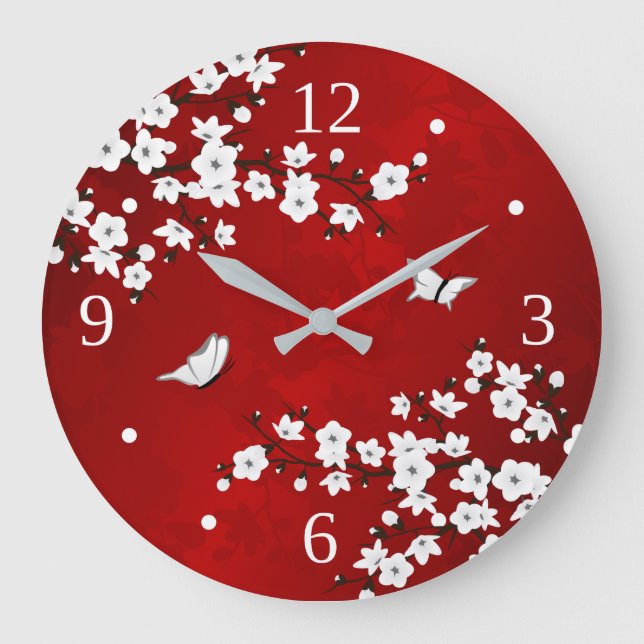 Asia Floral White Cherry Blossom Red Large Clock (Front)