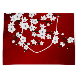 Asia Floral White Cherry Blossom Red Large Gift Bag