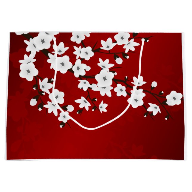 Asia Floral White Cherry Blossom Red Large Gift Bag (Front)