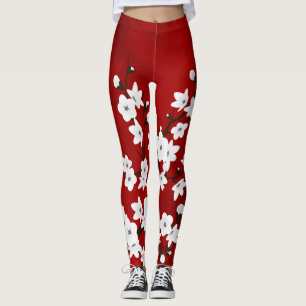 Asia Floral White Cherry Blossom Red Leggings