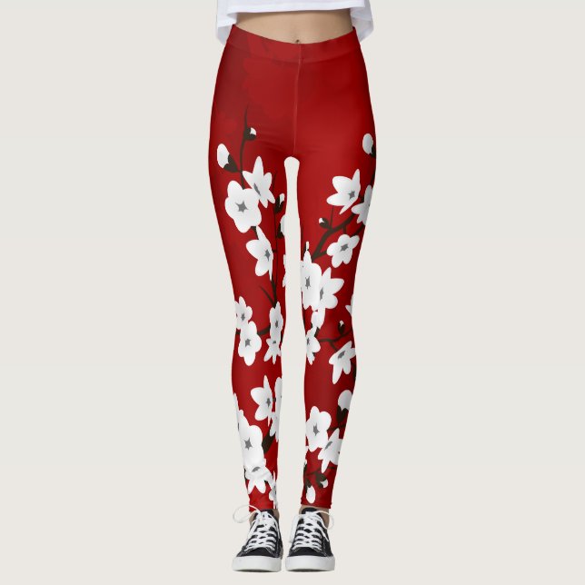 Asia Floral White Cherry Blossom Red Leggings (Front)