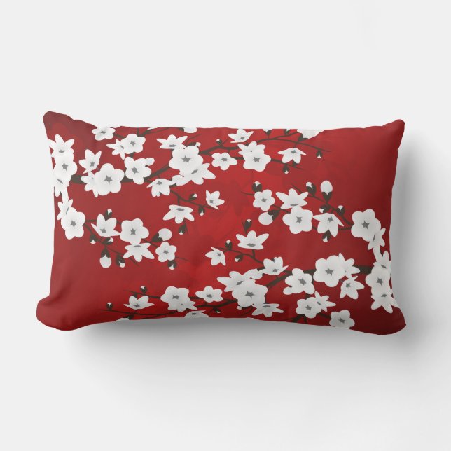 Asia Floral White Cherry Blossom Red Lumbar Cushion (Front)