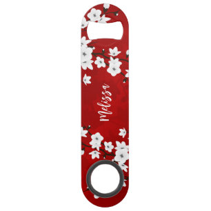Asia Floral White Cherry Blossom Red Monogram