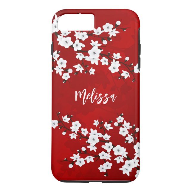 Asia Floral White Cherry Blossom Red Monogram Case-Mate iPhone Case (Back)