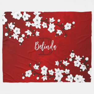 Asia Floral White Cherry Blossom Red Monogram Fleece Blanket
