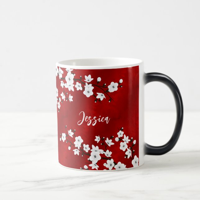 Asia Floral White Cherry Blossom Red Monogram Magic Mug (Right)