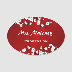 Asia Floral White Cherry Blossom Red Name Tag