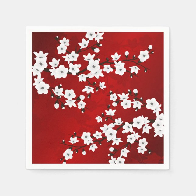 Asia Floral White Cherry Blossom Red Napkin (Front)