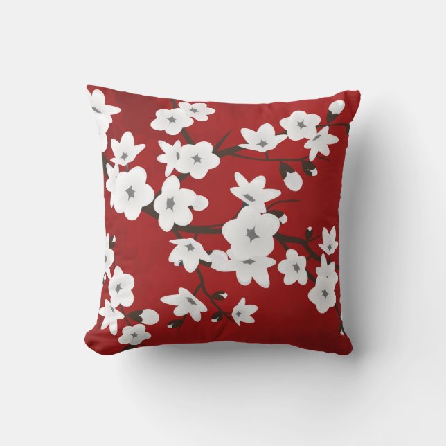 Asia Floral White Cherry Blossom Red Outdoor Cushion (Front)