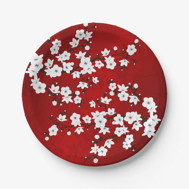 Asia Floral White Cherry Blossom Red Paper Plate (Front)