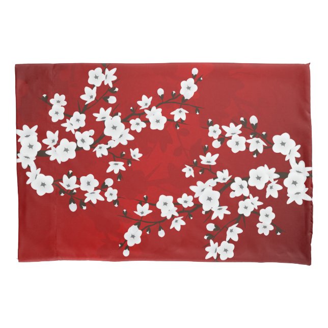 Asia Floral White Cherry Blossom Red Pillowcase (Front)