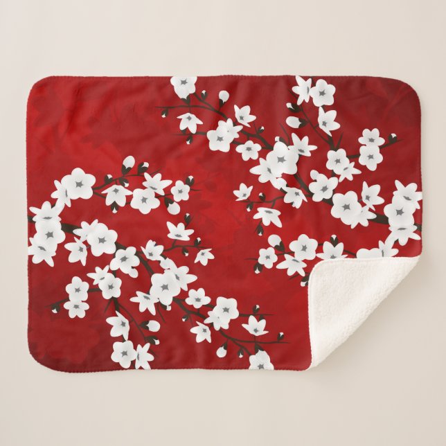 Asia Floral White Cherry Blossom Red Sherpa Blanket (Front (Horizontal))