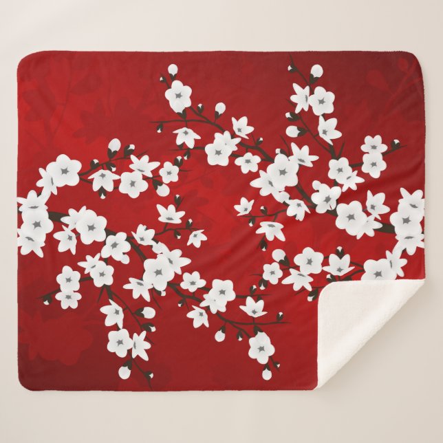 Asia Floral White Cherry Blossom Red Sherpa Blanket (Front (Horizontal))
